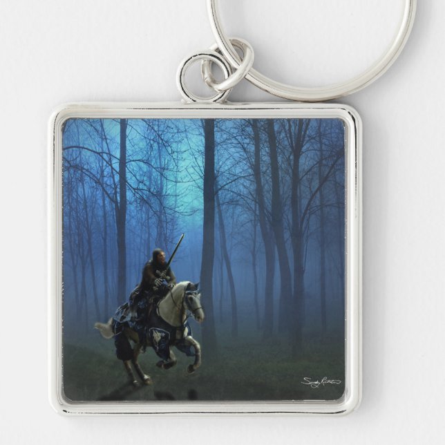Fantasy Medieval Knight on Horseback in Moonlight Keychain (Front)