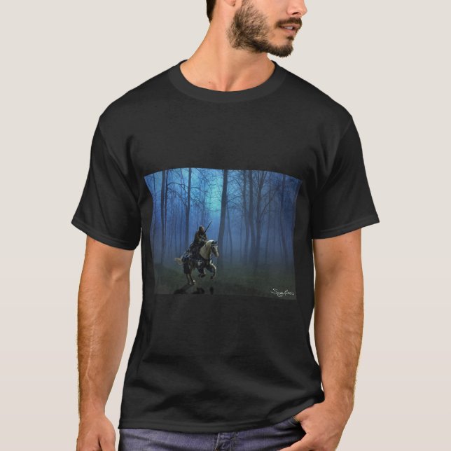 Fantasy Medieval Knight on Horseback in Moonlight T-Shirt (Front)
