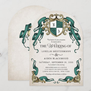 Fantasy Medieval Shield Arch Emerald Green Wedding Invitation