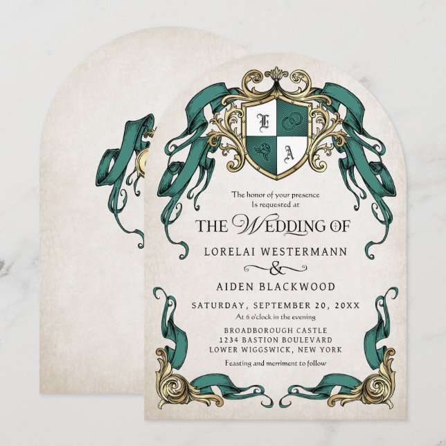 Fantasy Medieval Shield Arch Emerald Green Wedding Invitation (Front/Back)
