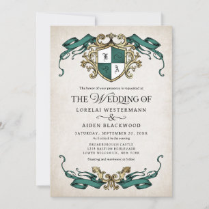Fantasy Medieval Shield Emerald Green Wedding Invitation
