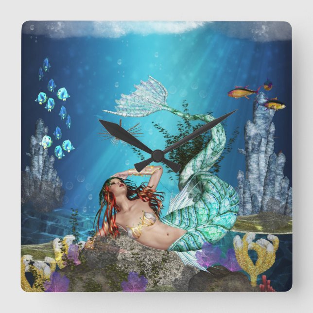 Fantasy Mermaid And Fish Square Wall Clock (Front)