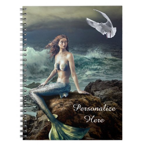 Fantasy Mermaid at Sea with Seagull Personalize Notebook