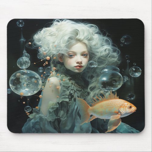 Fantasy Mermaid Girl  White Hair Fish Bubbles Mouse Pad