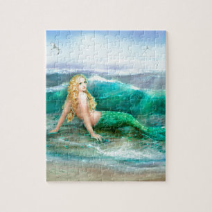 Fantasy Mermaid on Shore of Aqua Blue Sea Jigsaw Puzzle