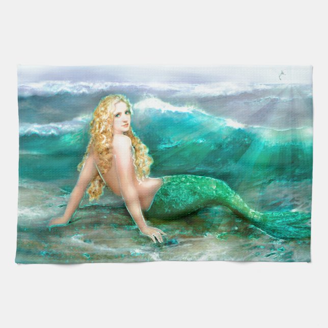 Fantasy Mermaid on Shore of Aqua Blue Sea Towel (Horizontal)