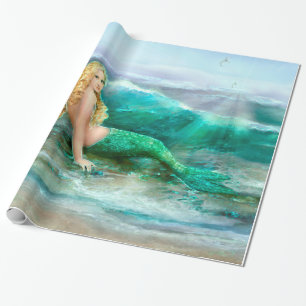 Fantasy Mermaid on Shore of Aqua Blue Sea Wrapping Paper