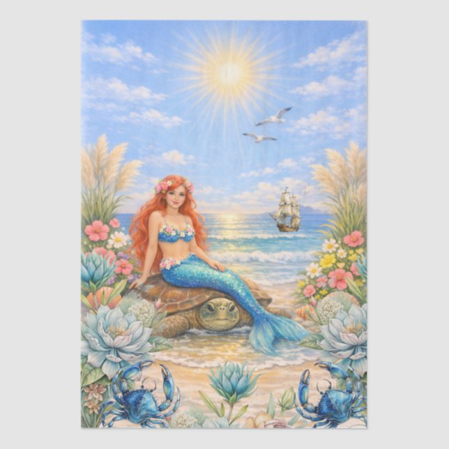 Fantasy Mermaid Sea Turtle Beach Scene Decoupage  Tissue Paper (Front)
