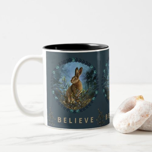 Fantasy Midnight Blue Watercolor Woodland Rabbit Two_Tone Coffee Mug