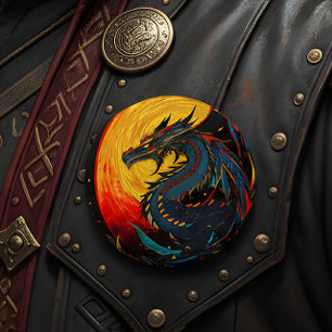 Fantasy Midnight Dragon Fire Moon Round Pin Button