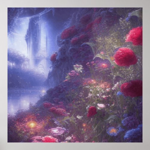 Fantasy Misty Rainy Magical Garden River Landscape Poster