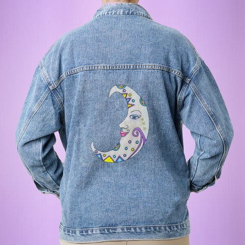 Fantasy Moon Colorful Decorations With Face Stars Denim Jacket