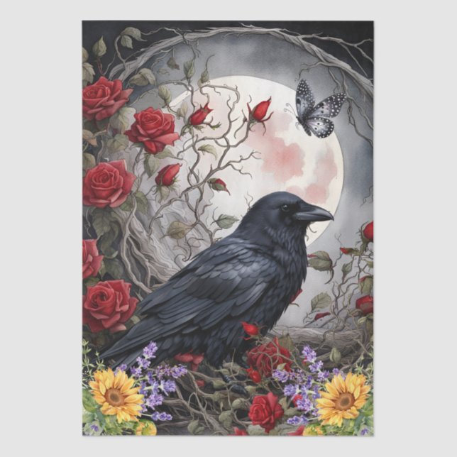 Fantasy Moon, Raven & Red Roses & Sunflowers Tissue Paper (Front)