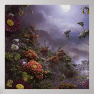 Fantasy Moonlight Magical Garden Landscape Poster