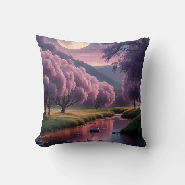 Fantasy Moonlit River Dreamscape Illustration Throw Pillow (Front)