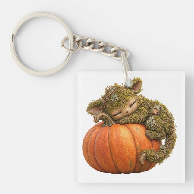 Fantasy Moss Creature with Pumpkin Postcard Keychain (Front)