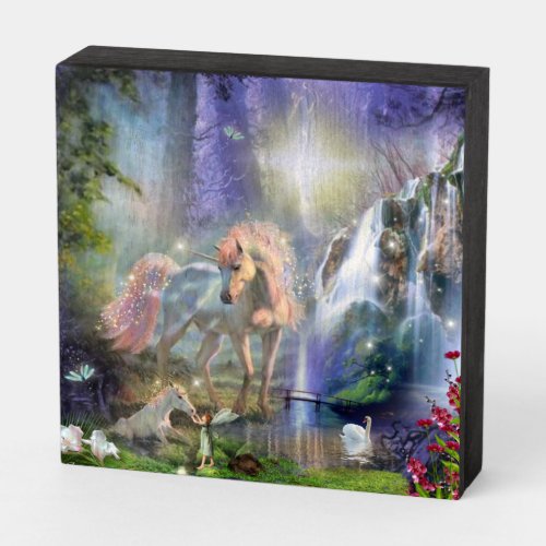 Fantasy Mother  Baby Unicorns By a Waterfall  Wooden Box Sign