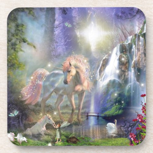Fantasy Mother Unicorn and Baby in a Fairy Garden Drink Coaster