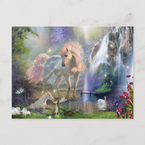 Fantasy Mother Unicorn and Baby in a Fairy Garden Postcard