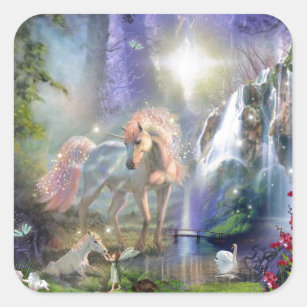 Fantasy Mother Unicorn and Baby in a Fairy Garden Square Sticker