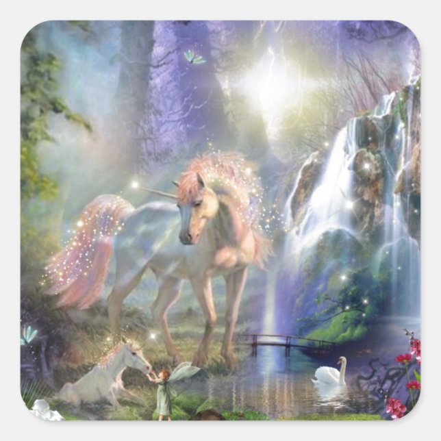Fantasy Mother Unicorn and Baby in a Fairy Garden Square Sticker (Front)