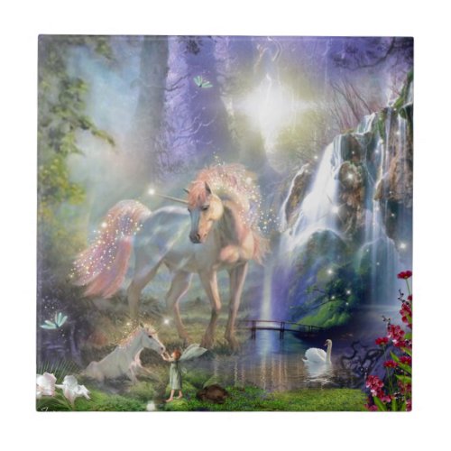Fantasy Mother Unicorn and Baby in a Fairy Garden Tile