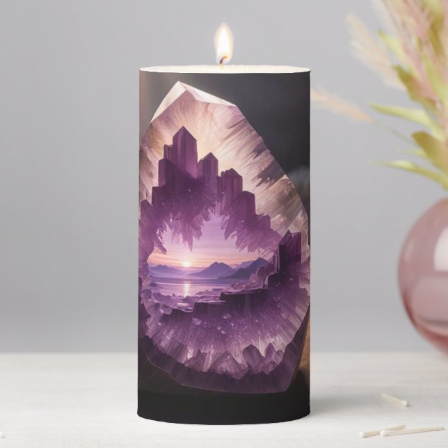  Fantasy Mountain Sunrise Crystal Amethyst Pillar Candle (In Situ)