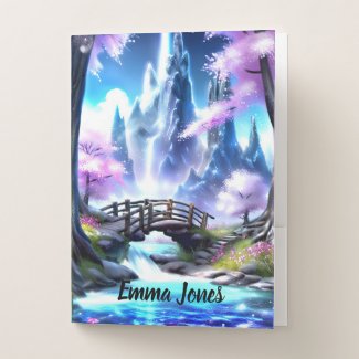 Fantasy Mountains Bridge River Kids Teens College Pocket Folder