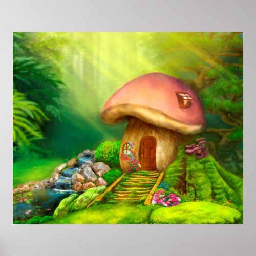Fantasy mushroom cottage house poster