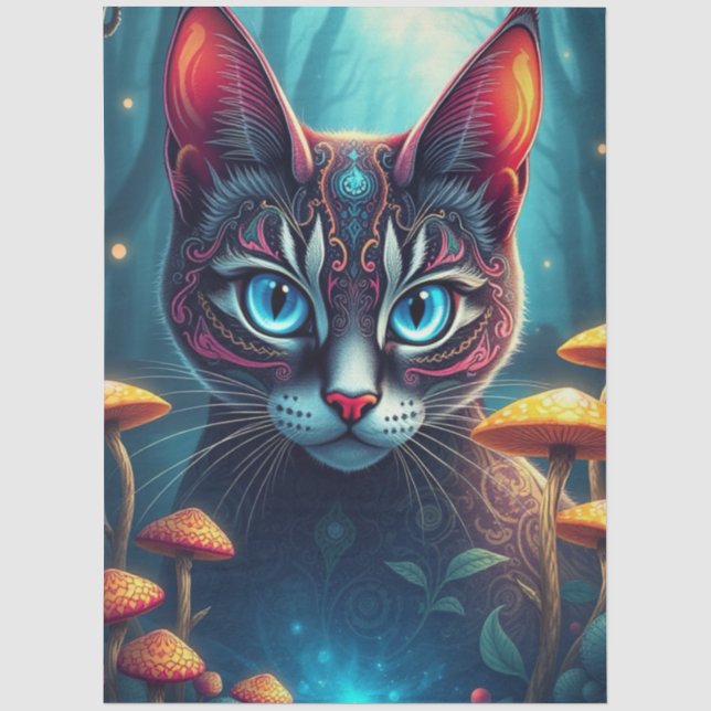Fantasy Mushroom Forest Blue eyed Cat  Tissue Pape Paper (Front)