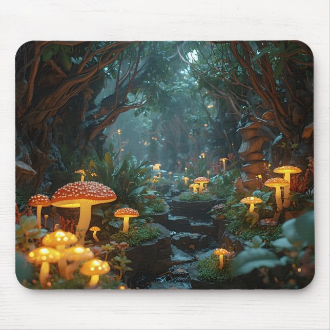 Fantasy Mushroom River – Whimsical Nighttime Lands Mouse Pad (Front)