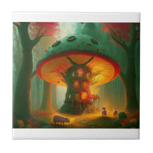 Fantasy Mushroom Tree House With Pigs Ceramic Tile