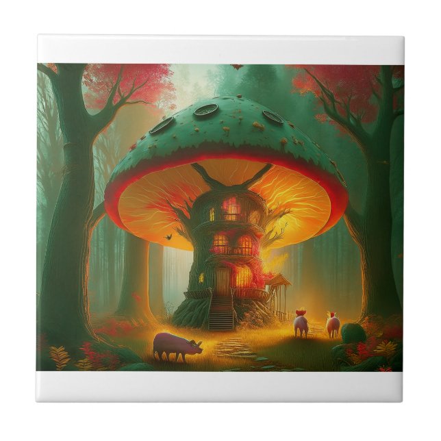 Fantasy Mushroom Tree House With Pigs Ceramic Tile (Front)