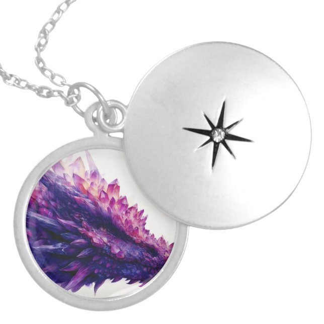 Fantasy Mystical Amethyst Crystal Dragon Beast Locket Necklace (Front)