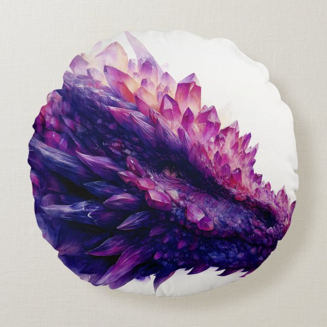 Fantasy Mystical Amethyst Crystal Dragon Beast Round Pillow (Front)