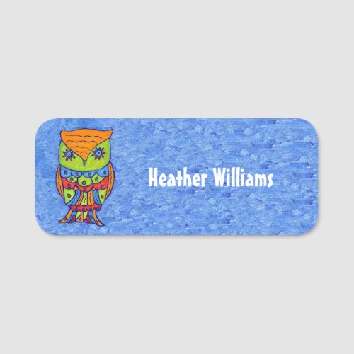 Fantasy Neon Colored Owl Star Shaped Eyes on Blue Name Tag