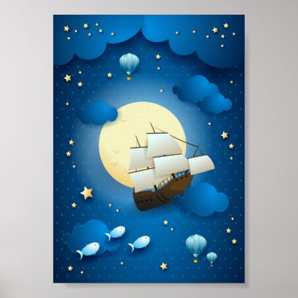 Fantasy Night with Flying Vessel Poster