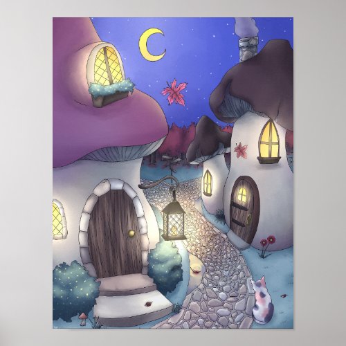 Fantasy Nighttime Mushroom Village Illustration Poster