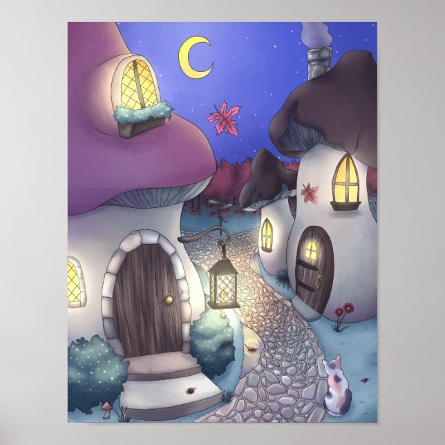Fantasy Nighttime Mushroom Village Illustration Poster (Front)
