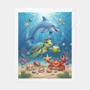 Fantasy Ocean Scene With Dolphin And Turtle Fleece Blanket