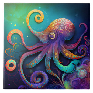 Fantasy Octopus, Watercolor Ceramic Tile