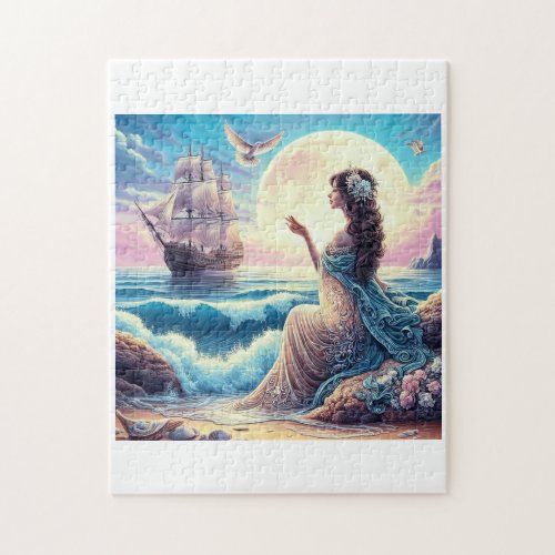 Fantasy of a beautiful girl sitting by the sea jigsaw puzzle