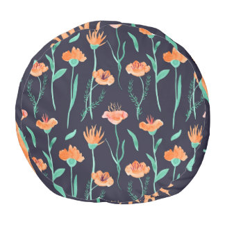 Fantasy Orange Flowers: Watercolor Dark Pattern. Pouf