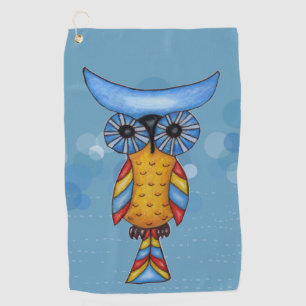Fantasy Owl Big Round eyes Blue Head on Circles Golf Towel
