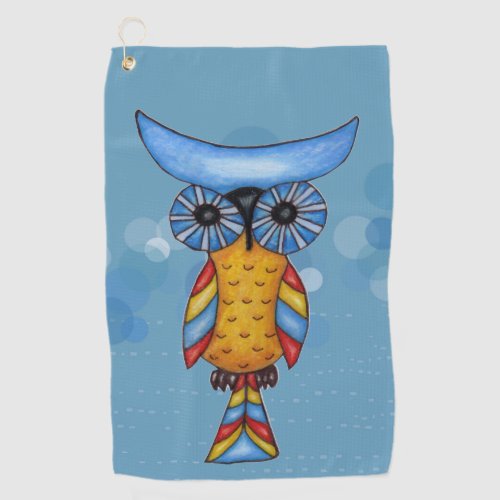 Fantasy Owl Big Round eyes Blue Head on Circles Golf Towel