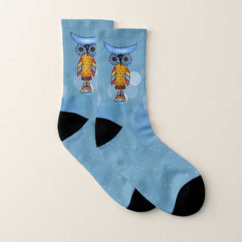 Fantasy Owl Blue Head Colorful Feathers Circles Socks