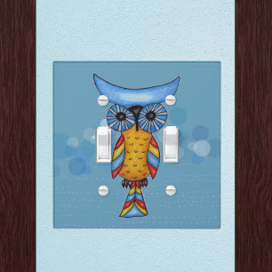 Fantasy Owl Blue Head Eyes on Circles Dashes Light Switch Cover