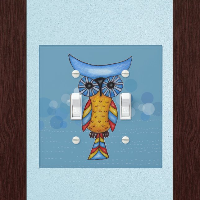 Fantasy Owl Blue Head Eyes on Circles Dashes Light Switch Cover (Fantasy owl blue yellow big blue eyes on blue circles on electrical wall plate.)