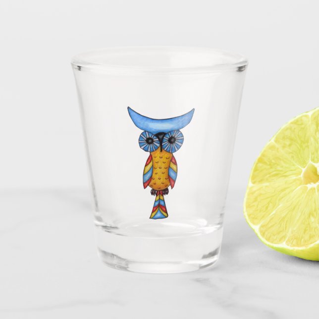 Fantasy Owl Blue Head Eyes Yellow Body Colorful Shot Glass (Front)