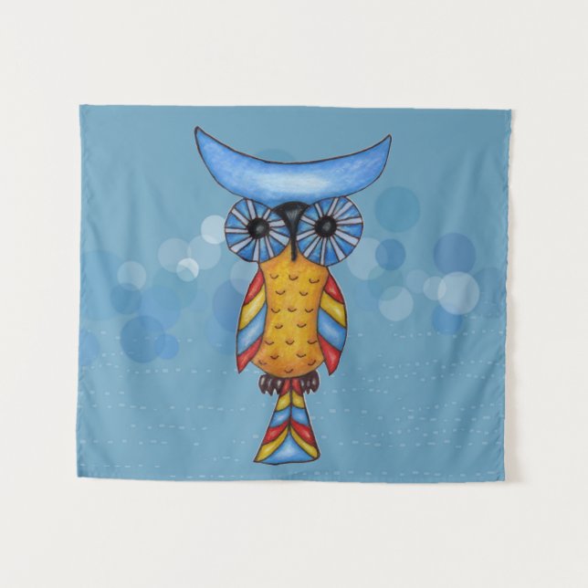 Fantasy Owl Colorful Feathers Blue Head Eyes Tapestry (Front (Horizontal))